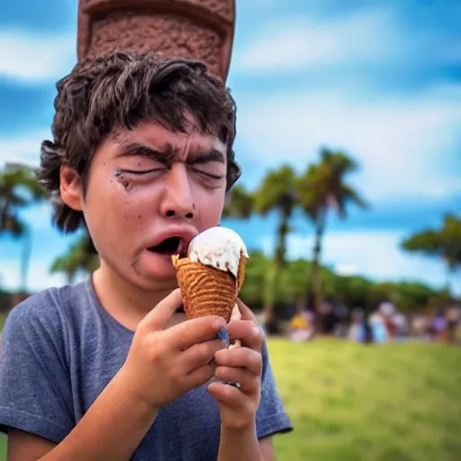 Image similar to a very upset and crying kid holding an ice cream cone with a small moai statue in the ice cream cone, 4 k photograph