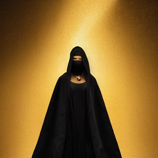 Image similar to a portrait of a young black woman wearing a long dark cloak, hood and shadows covering face, holding golden chains, oil painting, matte painting, black background, Volumetric Golden dappled dynamic lighting, Highly Detailed, Cinematic Lighting, Unreal Engine, 8k, HD, by Beksinski