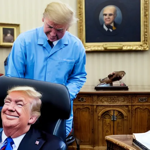 Image similar to cartoon shark having dental work in the dentist chair by president trump in the Oval Office