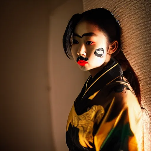 Prompt: filmstill, over the shoulder photography of asian girl with golden makeup looking in to the camera, black lips, black kimono, black pagoda, black face tattoo, sad mood, god rays, volumetric light, lightbeams, art noveau style, neobrutalistic