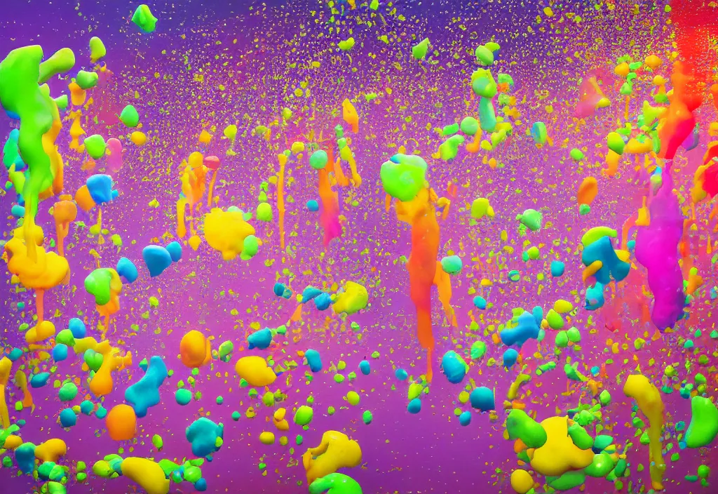Prompt: in an art gallery with art in the style of Nickelodeon, gelatinous rainbows blobs hover over the patrons' heads, exploding and splattering all over the people. the gallery's recursive paintings of paintings are in focus
