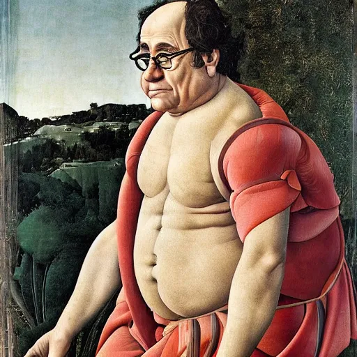 Image similar to Danny Devito standing on a giant clamshell, painting by Sandro Botticelli, detailed, 4k