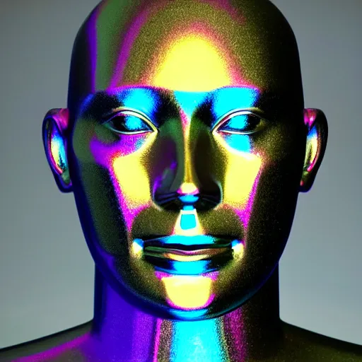 Image similar to 3d render of holographic human robotic head made of glossy iridescent, surrealistic 3d illustration of a human face non-binary, non binary model, 3d model human, cryengine, made of holographic texture, holographic material, holographic rainbow, concept of cyborg and artificial intelligence