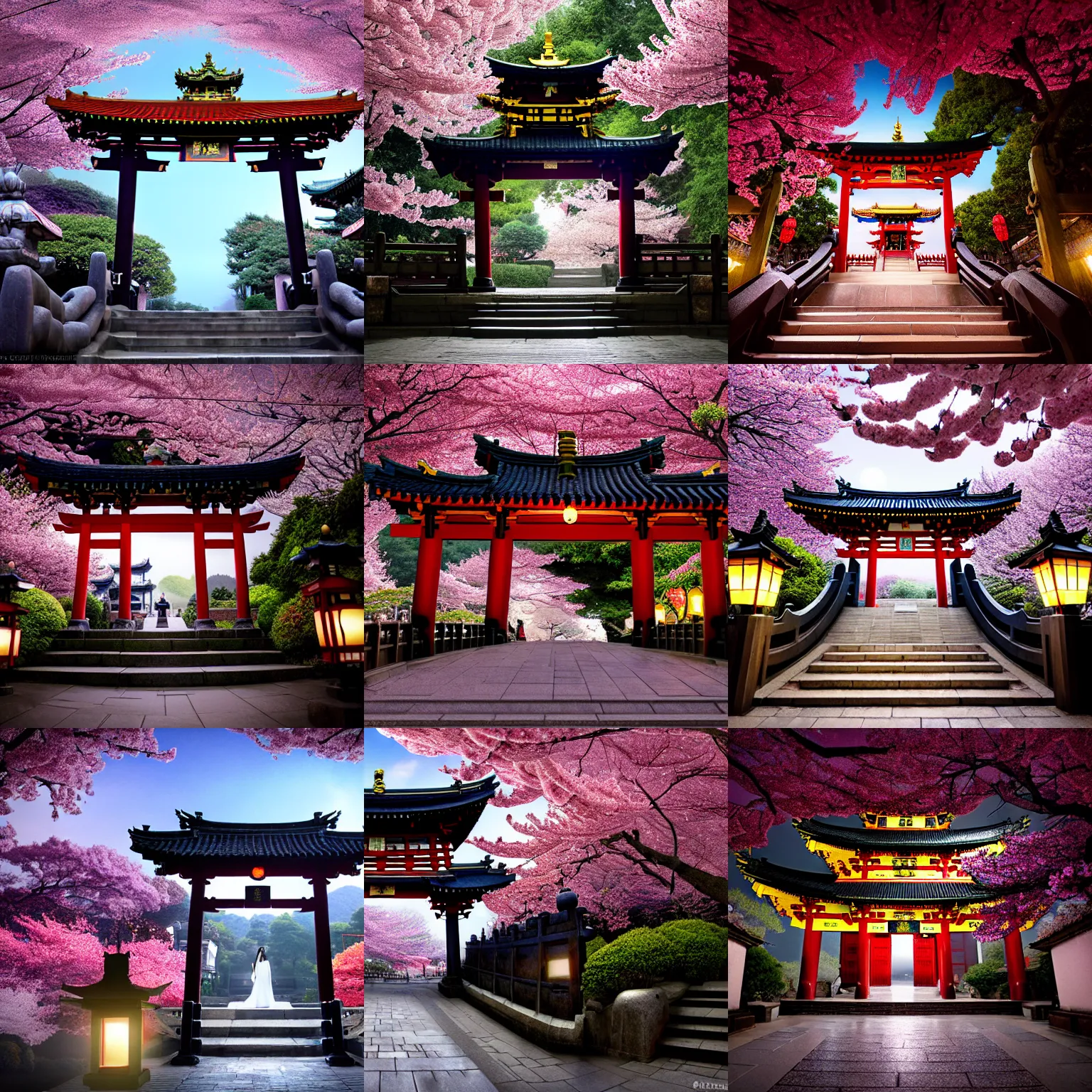 Prompt: realistic photo of In the night sky light,torii door at front and Huge ancient wooden Gundam at the end of the stone steps , real photo of Man Mo Temple gate, wedding with cherry blossoms,a lot petals and lantern floating by greg rutkowski and thomas kinkade,Craig Mullins, High Quality Movie Screencaps, canon 22mm f11,octane render,Trending on artstation，cinematic, epic cinematography, epic composition, epic illumination , 4k,Makoto Shinkai style,clouds，Backlight,Fantasy,high-definition,super wide angle,artstation,Artstation,WLOP,Fairy tale，light effect，Dream,unreal engine