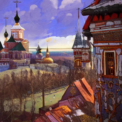 Prompt: photo beautiful magical ancient Slavic Russian city of Kitezh, fisheye lens, painting by Viktor Vasnetsov, concept art, magical city, fantasy cityscape, ancient Slavs, wooden buildings, ancient Russian architecture, terem, hyperborea, painting by Nicholas Roerich, top cinematic lighting , cinematic mood, very detailed, 8k, high resolution, trending on artstation, artstationHD,