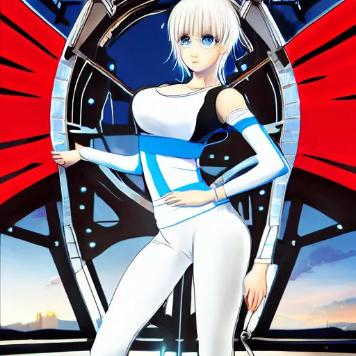 Image similar to aristocratic platinum - blonde - haired hime - cut blue - eyed princess wearing white leggings and black jacket, standing next to communist monument, anime, hd anime wallpaper, hyperrealistic lighting, drawn by artgerm