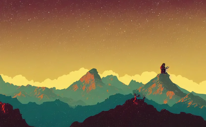 Prompt: mountains, stars and paisley filled sky, artstation, intricate, highly detailed, digital painting, concept art, sharp focus, illustration by Tom Whalen and Yoshitaka Amano