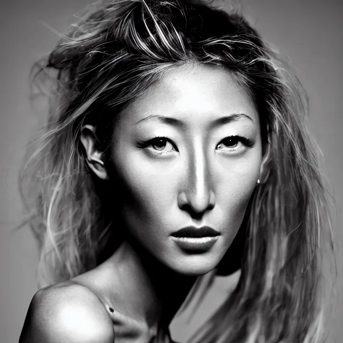 Prompt: young beautiful woman dichen lachman, gorgeous face, black and white photography portrait, skin grain detail, high fashion, full - body, 8 k,, ultra sharp focus, tropical background, photography by richard avedon, and paolo roversi and nick knight, and hellmut newton, victoria siemer, kirsty mitchell, laura zalenga