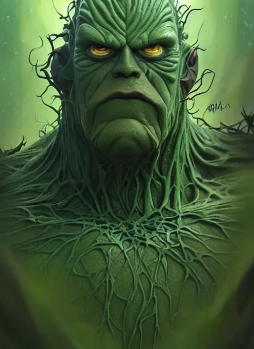 Image similar to portrait of swamp thing, artstation, cartoon, elegant, highly detailed, digital painting, masterpiece art by ghibli!, makoto shinkai!, bluth!, fujita goro!, giraud!, ghailan!, akihiko yoshida!, fadeev! 8 k