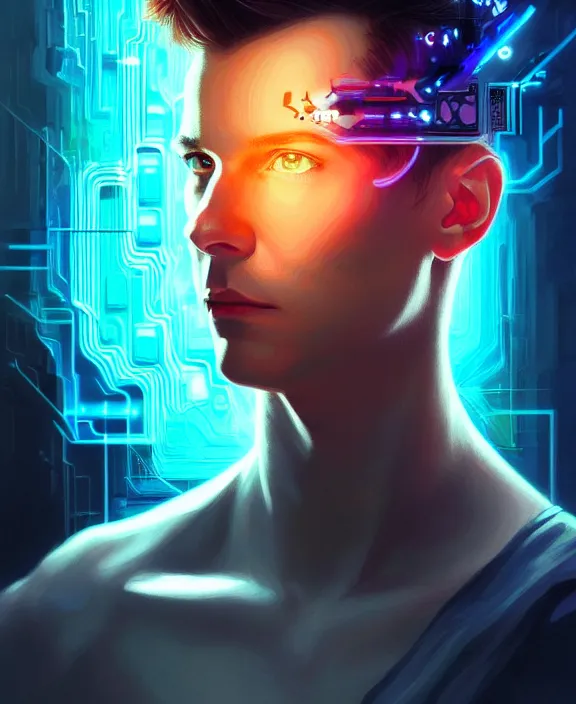 Image similar to a whirlwind inside the metaverse, guy, male, man, hologram, half body, neurochip, android, cyborg, cyberpunk face, by loish, d & d, fantasy, intricate, elegant, highly detailed, colorful, digital painting, artstation, concept art, art by artgerm and greg rutkowski and alphonse mucha