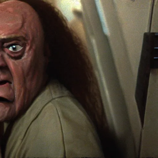 Image similar to Movie still of a dingy restroom with Gowron the Klingon staring at a small hole bored in the stall wall. Gowron has Klingon features, a klingon nose, a klingon forehead, and klingon teeth