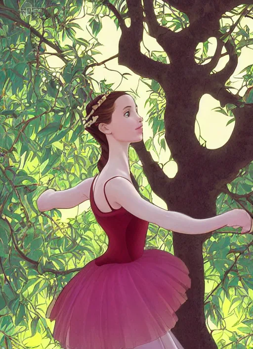 Image similar to well - lit art nouveau portrait of a 1 3 - year old ballet girl wih resembles natalie portman and emily browning acting shy under an apple tree, natural lighting, path traced, highly detailed, high quality, cartoon, digital painting, by don bluth and ross tran and studio ghibli