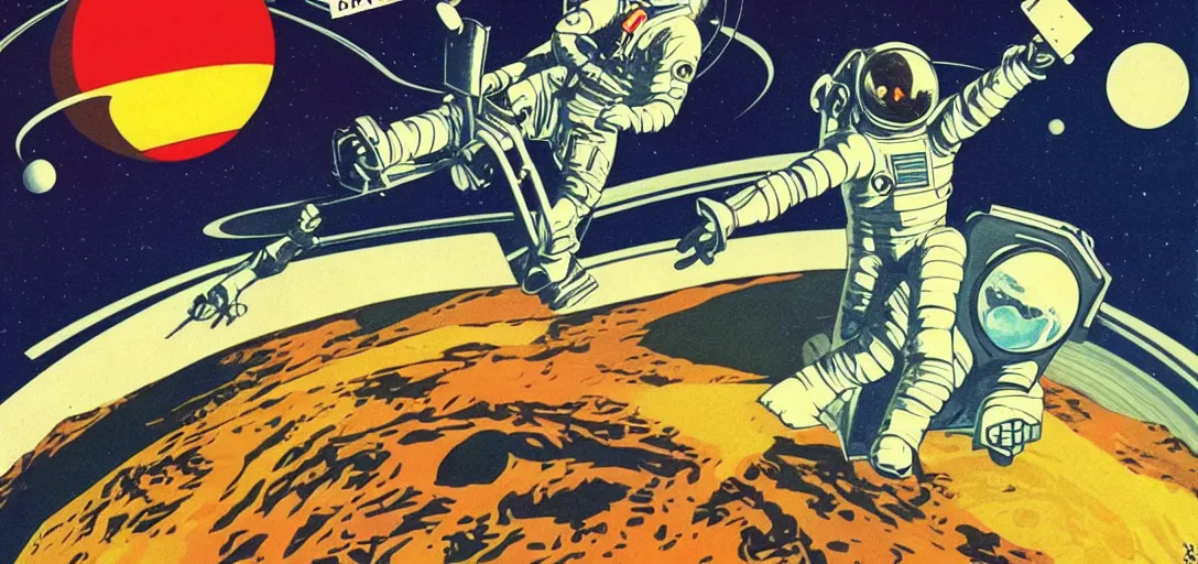 Image similar to astronaut riding on a monocycle on saturn ring, comic style, pulp magazine, vintage scifi, propaganda poster, space race, cold war