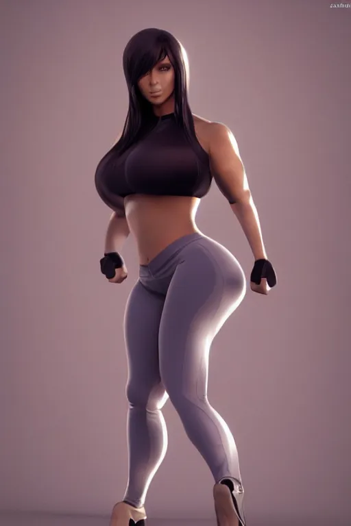 Image similar to photorealistic 3 d render of kim kardashion as an impossibly curvy anime girl wearing a gym outfit, by artgerm and earl norem, featured on pixiv, booru, exaggerated proportions, high resolution digital art, 4 k, beautiful symmetric face, subsurface scattering, volumetric lighting, realistic skin texture