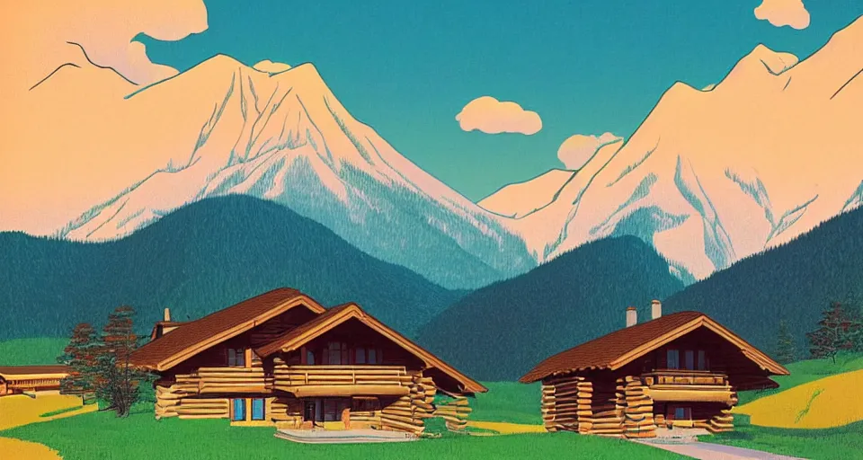 Image similar to log cabin beneath the alps, lofi art style, hiroshi nagai