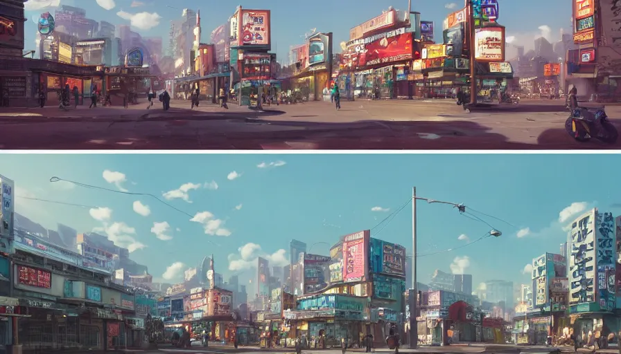 Image similar to A highly detailed matte painting of Buildings with Billboards and neonsigns by Studio Ghibli, Makoto Shinkai, by Artgerm, by WLOP, by Greg Rutkowski, volumetric lighting, octane render, 4K resolution, trending on artstation, masterpiece