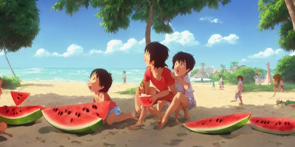 Image similar to a wholesome animation key shot of kids eating watermelon and popcorn at a tropical beach, medium shot, waist up, studio Ghibli, Pixar and Disney animation, sharp, very detailed, high resolution, Rendered in Unreal Engine 5, anime key art by Greg Rutkowski, Bloom, dramatic lighting