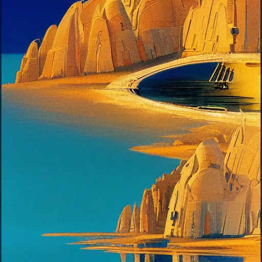 Image similar to beautiful matte painting of golden shores of a blue dreamy ocean, sci - fi, daylight, blue sky, cinematic lighting, cinematic perspective, syd mead, john harris, federico pelat