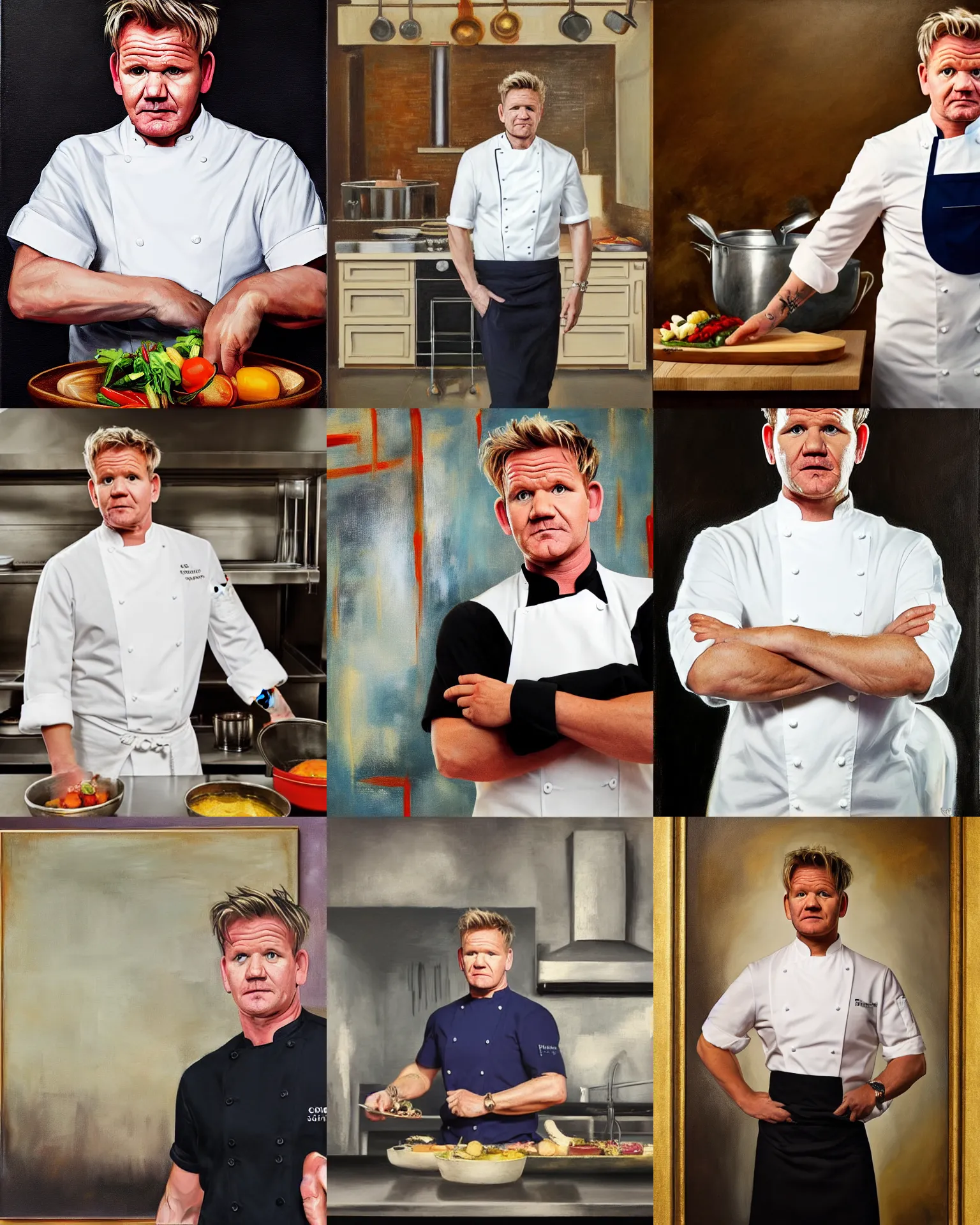 Prompt: A medium full shot of Gordon Ramsay wearing a chef uniform, kitchen background, oil painting, classicism style