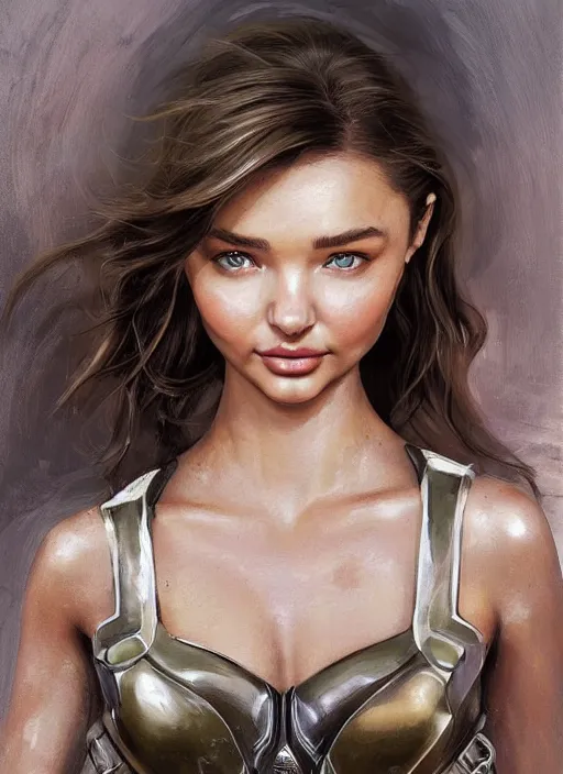 Image similar to a professional painting of a young Miranda Kerr, clothed in military armor, olive skin, long dark hair, beautiful bone structure, symmetrical facial features, intricate, elegant, digital painting, concept art, smooth, sharp focus, illustration, from StarCraft by Ruan Jia and Mandy Jurgens and Artgerm and William-Adolphe Bouguerea