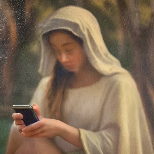 Image similar to a roman painting of a girl playing on her phone, 5 0 mm lens, f 1. 4, sharp focus, ethereal, emotionally evoking, head in focus, volumetric lighting, 8 k