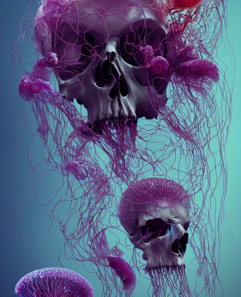 Image similar to composition of human skulls, animals skulls, bones, rib-cage. jellyfish orchids and betta fish, bioluminiscent, intricate artwork by Tooth Wu and wlop and beeple. octane render, trending on artstation, greg rutkowski very coherent symmetrical artwork. cinematic, hyper realism, high detail, octane render, 8k