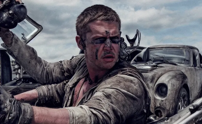 Prompt: flash mcqueen in mad max fury road, realistic, still from a movie