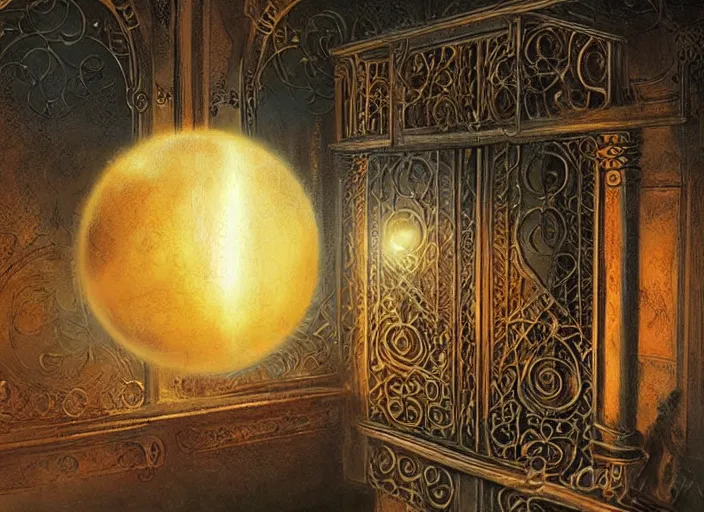 Image similar to large rustic intricately decorated cast iron gate, a view to an eerie fantasy world, golden glowing sphere, ethereal back light, mist, coherent composition, detailed fantasy painting by noriyoshi ohrai, yuumei