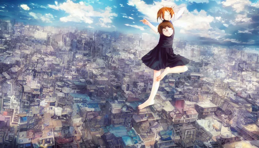 Image similar to a japanese girl floating over a city, photorealistic award winning art, anime style, detailed