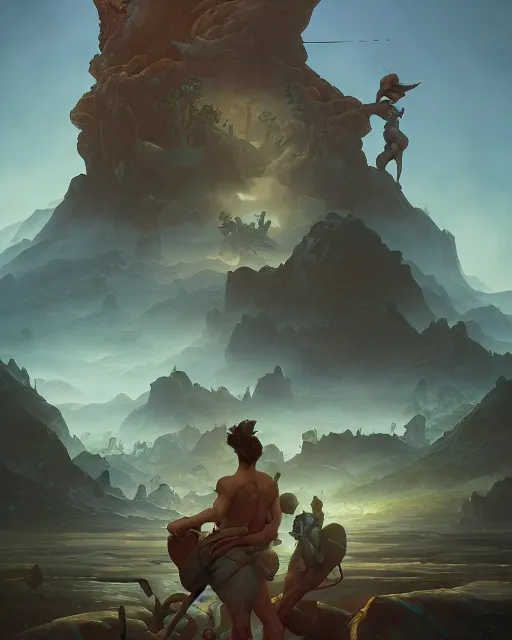 Prompt: david and goliath by peter mohrbacher and dan mumford and nekro, cgsociety, volumetric light, 3 d render