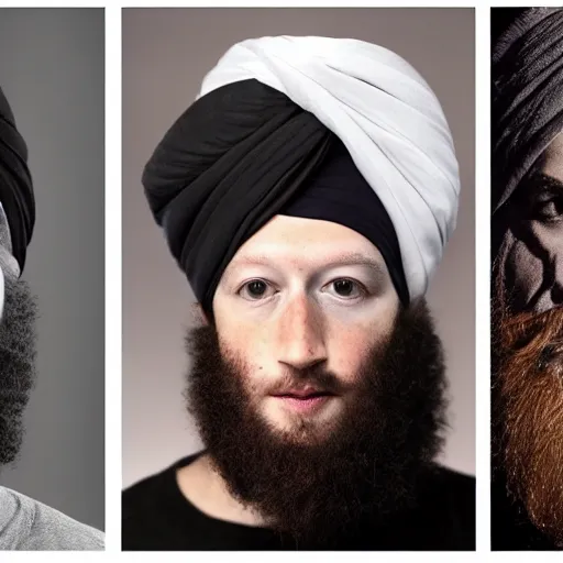 Image similar to a portrait of mark zuckerberg wearing a long beard and a turban joining the taliban. i