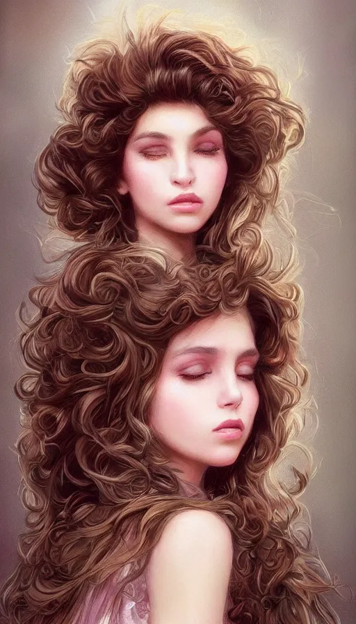 Image similar to portrait of young brunette from 1985, 80s theme, 80s hair, dreamy and ethereal, expressive pose, big brown eyes, peaceful expression, ornate frilly dress, fantasy, intricate, elegant, rose tones, highly detailed, digital painting, artstation, concept art, smooth, sharp focus, illustration, art by artgerm and greg rutkowski and alphonse mucha