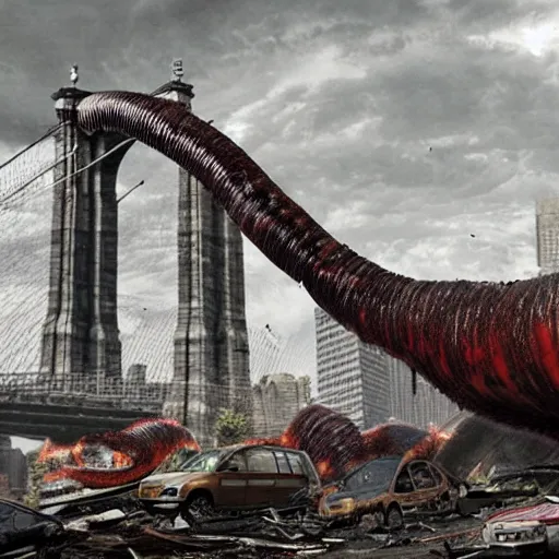 Image similar to new york abandoned attacked by giant worm, post apocalyptic, damage road