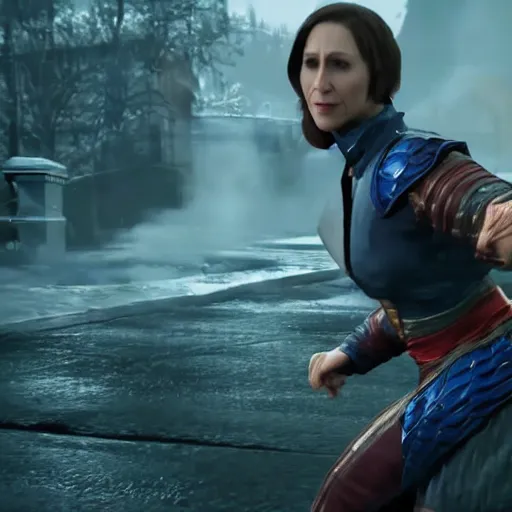 Prompt: Vera Farmiga in Mortal Kombat 11, fighting stance, sword, ps5 cinematic screen capture, 4k