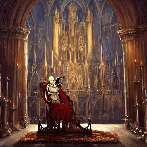 Image similar to Human skeleton, king in noble clothes, resting on a throne inside a cathedral, oil painting, by Fernanda Suarez and Greg Rutkowski