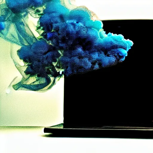 Image similar to magic smoke leaving a broken computer, photograph with digital effects, film