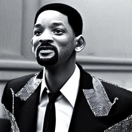 Image similar to a film still of Will Smith dressed as a pimp in a 1970s Blaxploitation film, portrait, 40mm lens, shallow depth of field, close up, split lighting, cinematic