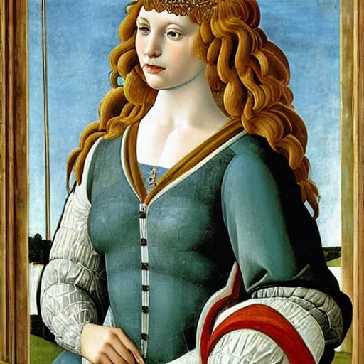 Image similar to portrait of tyrannosaurus as italian queen, painting by botticelli