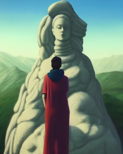 Image similar to a painting of a real woman standing in front of a huge stone statue, a screenshot by stanley twardowicz, cgsociety, aestheticism, aesthetic, vaporwave, anime aesthetic