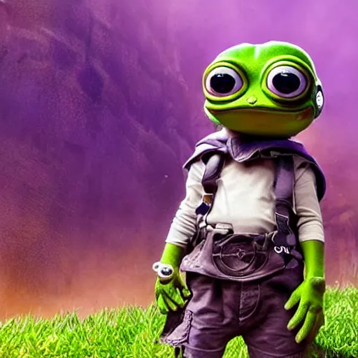 Image similar to little boy wearing an cyborg pepe the frog suit, artwork in kentaro miura and made in abyss, smooth, purple and green gamma, studio lighting, beautiful lightness, anatomically correct, trending on pixiv