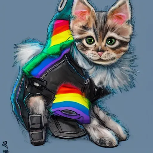 Image similar to wide angle full body, jacket wearing fluffy cute rainbow kitten wearing a black leather motorcycle jacket, cinematic concept art