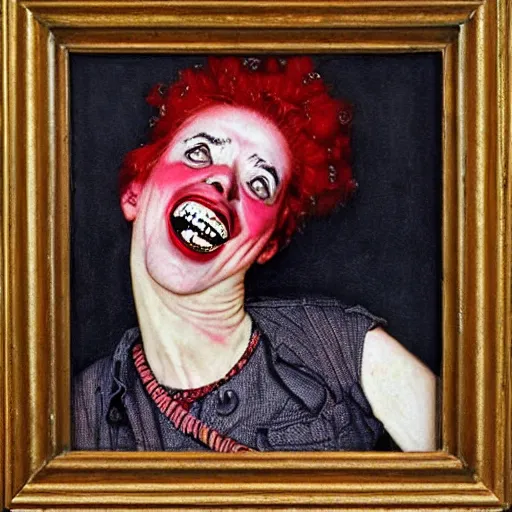 Prompt: Front portrait of a cackling punk woman with a red face. A painting by Norman Rockwell.