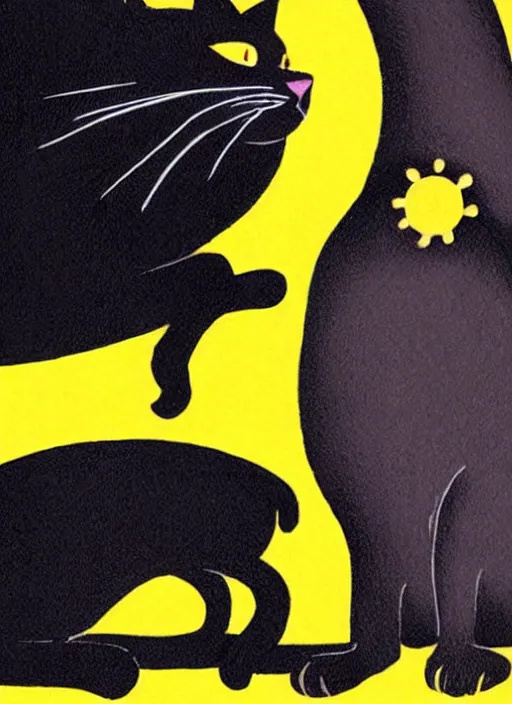 Prompt: a black cat standing on top of a yellow sun, a storybook illustration by sara saftleven, behance contest winner, nuclear art, sunrays shine upon it, god rays, digital illustration