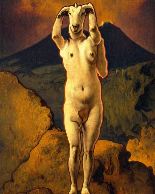 Prompt: goat demon standing in front of volcano, embers, lava, dusk, dramatic lighting, style of old masters, rembrandt, alphonse mucha, oil painting, soft translucent fabric folds