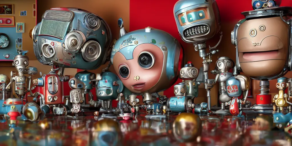 Image similar to closeup portrait of tin toy retro living room of robot family, depth of field, zeiss lens, detailed, centered, fashion photoshoot, by nicoletta ceccoli, mark ryden, lostfish, breathtaking, 8 k resolution, extremely detailed, beautiful, establishing shot, artistic, hyperrealistic, octane render, - h 8 0 4