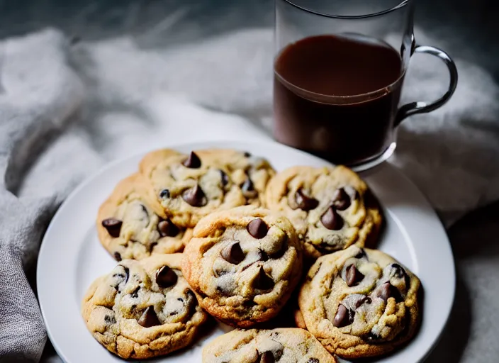 Prompt: dslr food photograph of chocolate chip cookies with a glass of milk, 8 5 mm f 1. 8