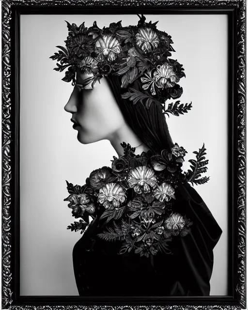 Prompt: masterpiece monochrome profile portrait painting, dutch masters, silver lace floral steampunk biomechanical beautiful one techno eye young female cyborg, big monocular, volumetric light, leaves foliage and stems, hibiscus flowers, by cecile beaton, rim light, big gothic fashion pearl embroidered collar, 8 k