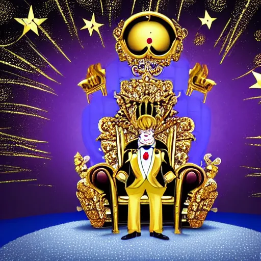 Image similar to cartoon of a shining majestic throne made of millions of diamonds, gold and zaphires with thousands of light reflections, and a clown on a tuxedo suit is sitting on the throne while handing a golden balloon, dramatic light