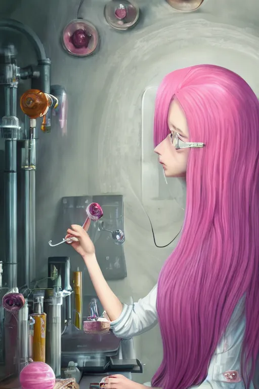 Image similar to highly detailed, industrial photography, profile view of adult princess bubblegum from adventure time, working in her science lab, wearing lab coat, long bubblegum hair, long straight bangs, confident, beautiful, attractive, illustration concept art by nicoletta ceccoli, mark ryden, lostfish, detailed and intricate environment, 8 k resolution, hyperrealistic, octane render