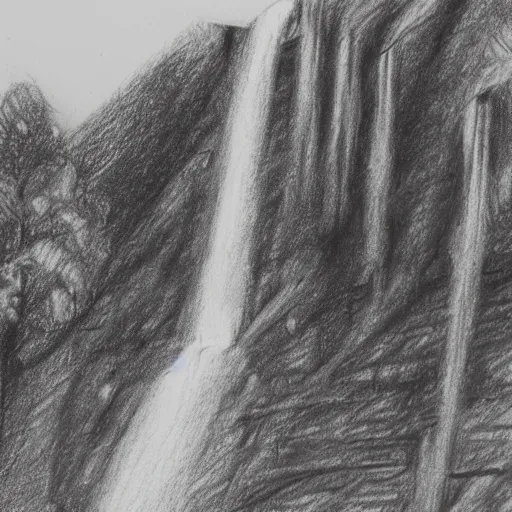 Image similar to a pencil sketch of a historic building with a waterfall nearby